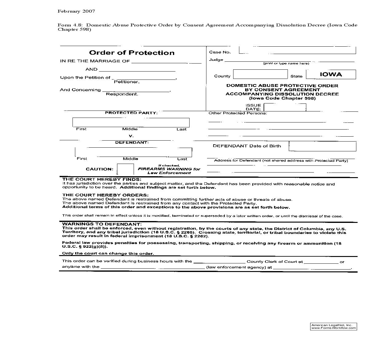 Domestic Abuse Protective Order By Consent Agreement Accompanying Dissolution Decree {4.8} | Pdf Fpdf Doc Docx | Iowa