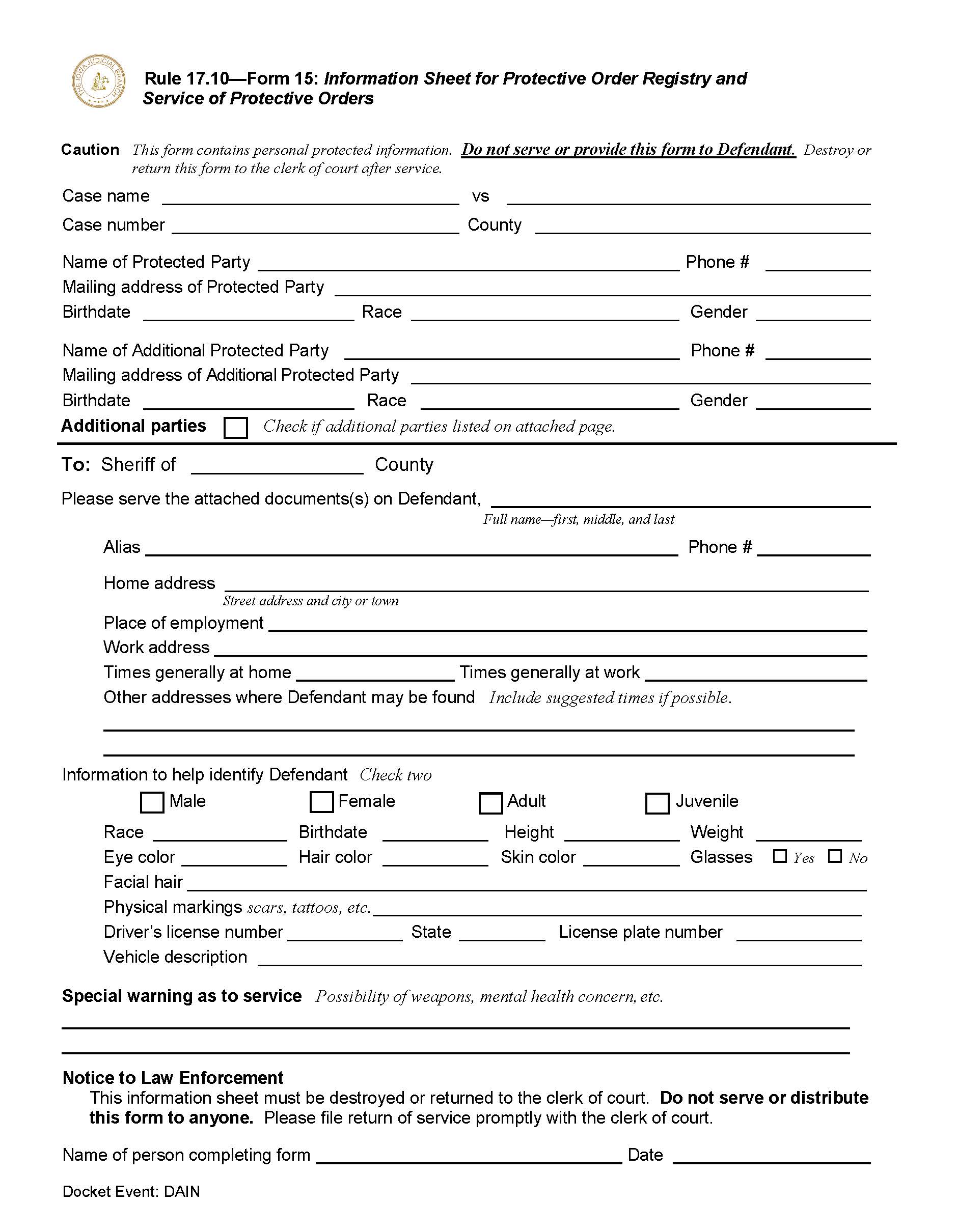 Information Sheet For Protective Order Registry And Service Of Protective Orders | Pdf Fpdf Doc Docx | Iowa