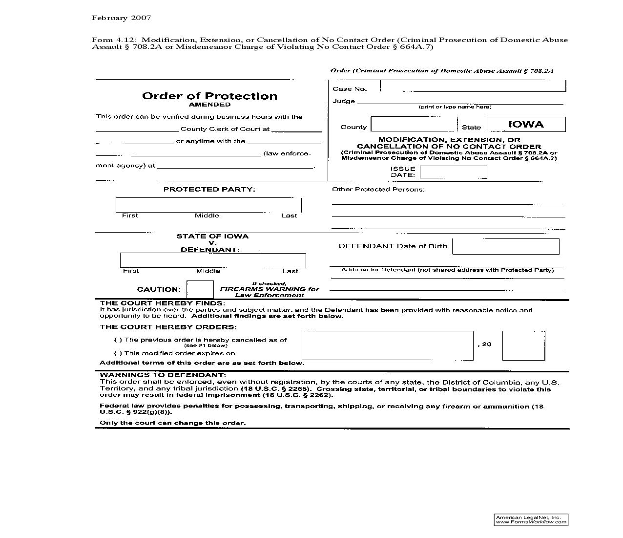 Modification Extension Or Cancellation Of No Contact Order (Criminal Prosecution Of Domestic Abuse-Assault-Misdemeanor Charge) {4.12} | Pdf Fpdf Doc Docx | Iowa