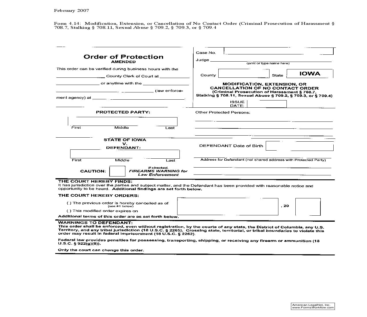 Modification Extension Or Cancellation Of No Contact Order (Criminal Prosecution Of Harassment-Stalking-Sexual Abuse) {4.14} | Pdf Fpdf Doc Docx | Iowa