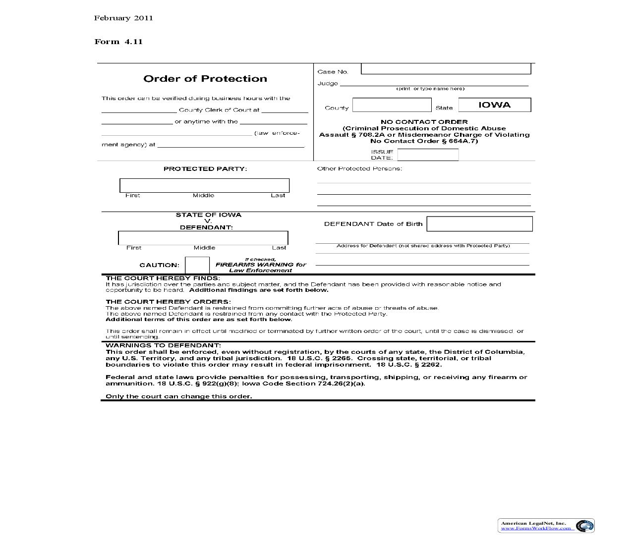 No Contact Order (Criminal Prosecution Of Domestic Abuse-Assault-Misdemeanor Charge) {4.11} | Pdf Fpdf Doc Docx | Iowa