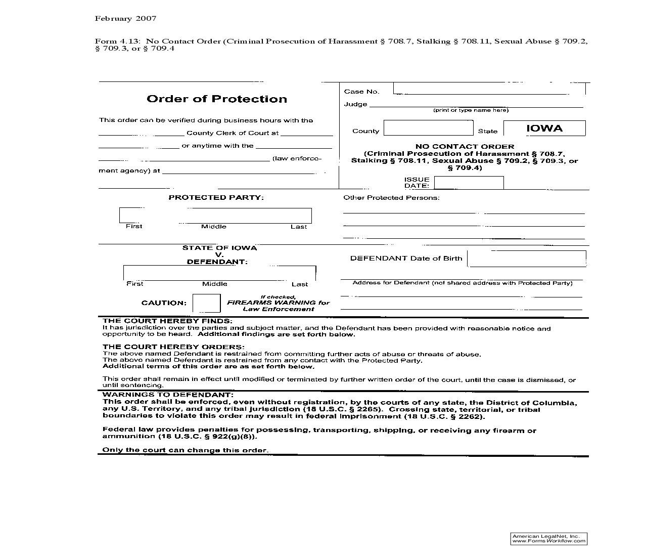 No Contact Order (Criminal Prosecution Of Harassment-Stalking-Sexual Abuse) {4.13} | Pdf Fpdf Doc Docx | Iowa