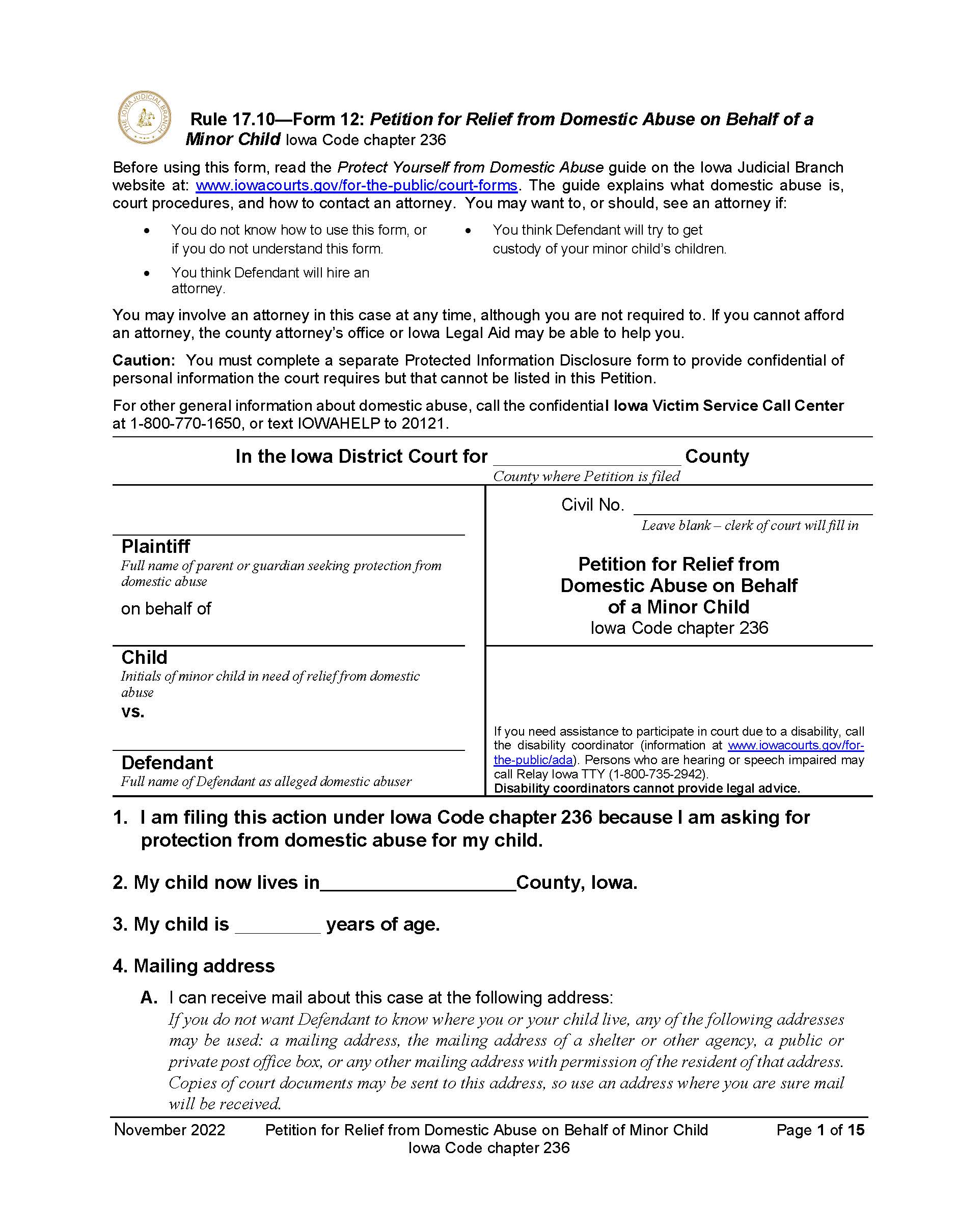 Petition For Relief From Domestic Abuse On Behalf Of Minor Child | Pdf Fpdf Docx | Iowa
