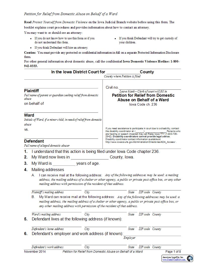 Petition For Relief From Domestic Abuse On Behalf Of Ward | Pdf Fpdf Docx | Iowa