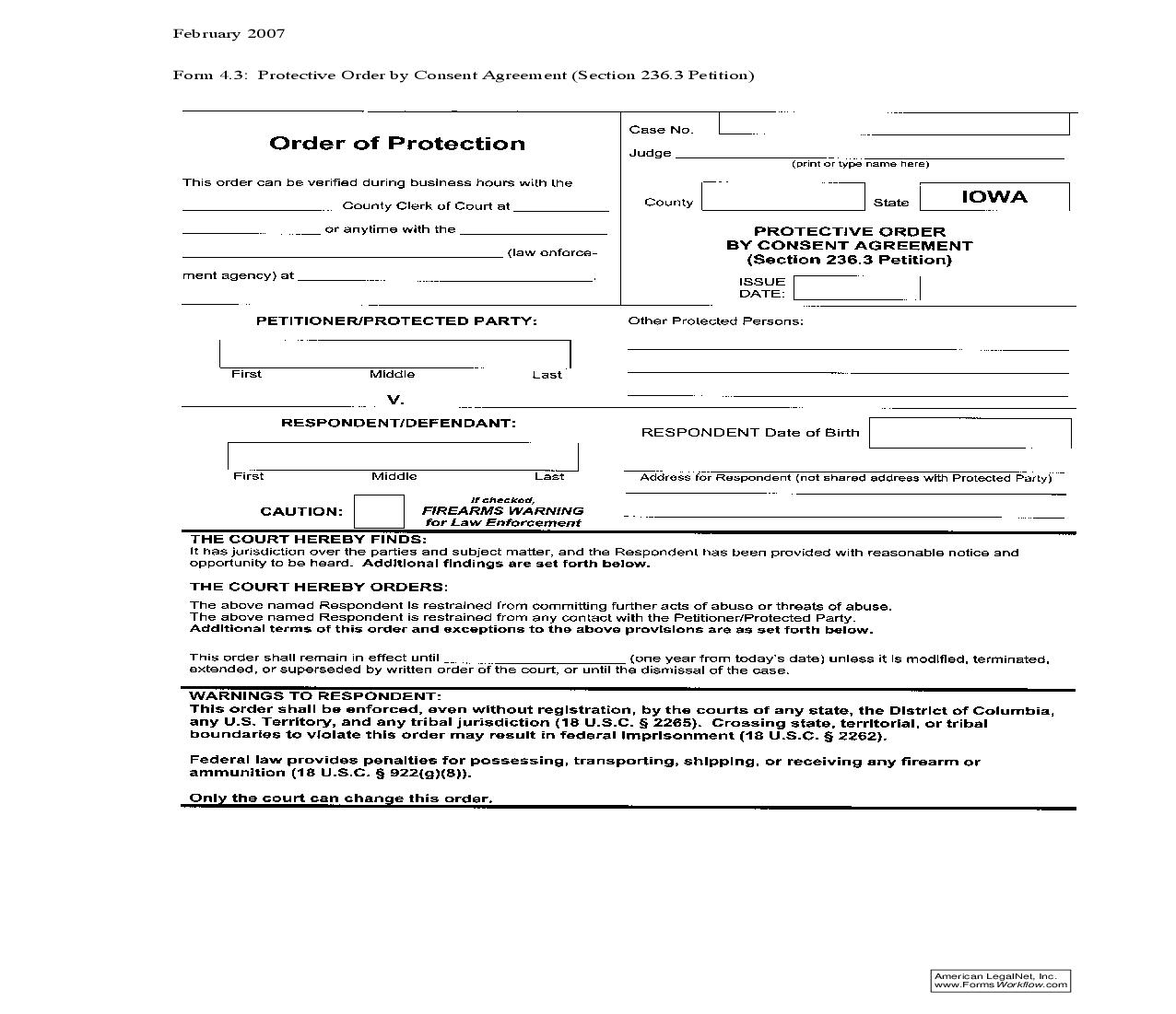 Protective Order By Consent Agreement {4.3} | Pdf Fpdf Doc Docx | Iowa
