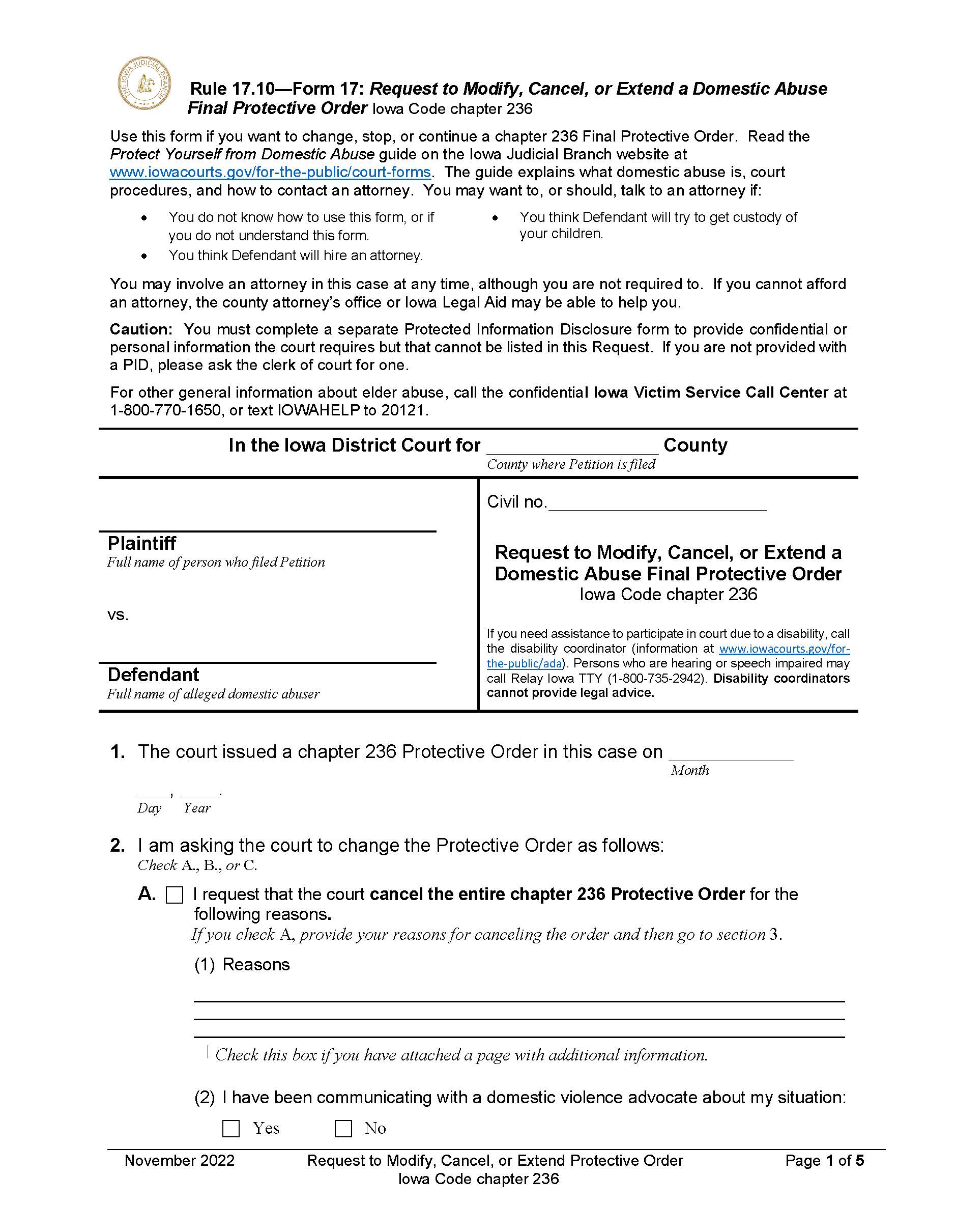 Request To Modify Cancel Extend Domestic Abuse Final Protective Order | Pdf Fpdf Doc Docx | Iowa