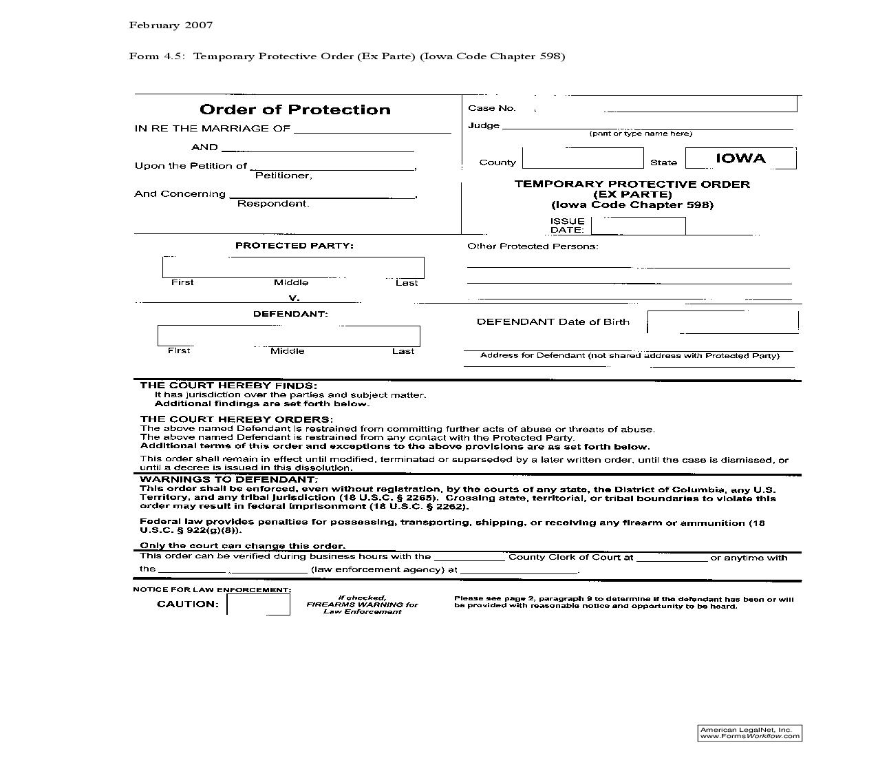 Temporary Protective Order (Ex Parte) {4.5} | Pdf Fpdf Doc Docx | Iowa