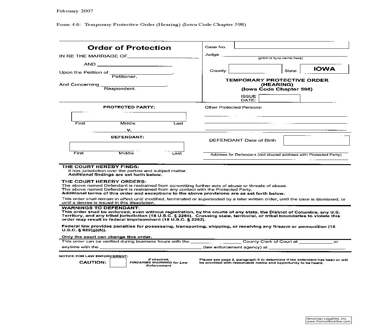 Temporary Protective Order (Hearing) {4.6} | Pdf Fpdf Doc Docx | Iowa