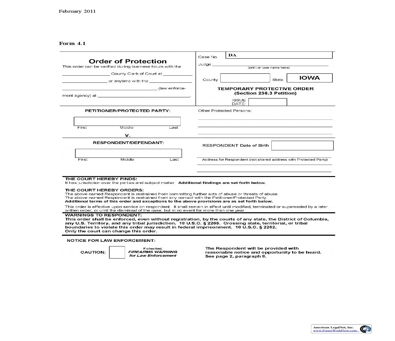 Temporary Protective Order (Section 236.3 Petition) {4.1} | Pdf Fpdf Doc Docx | Iowa