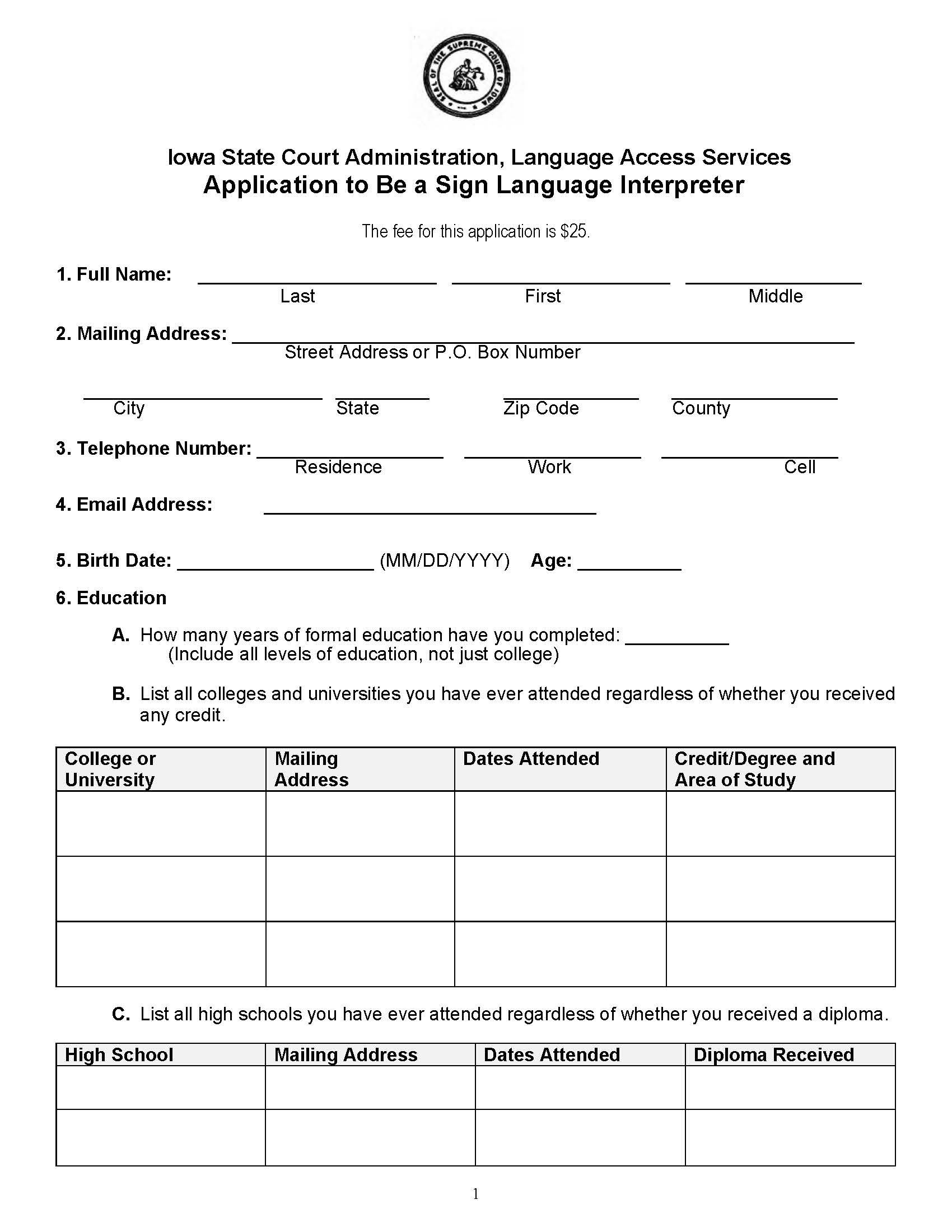 Application To Be A Sign Language Interpreter And Criminal History Record Check | Pdf Fpdf Doc Docx | Iowa