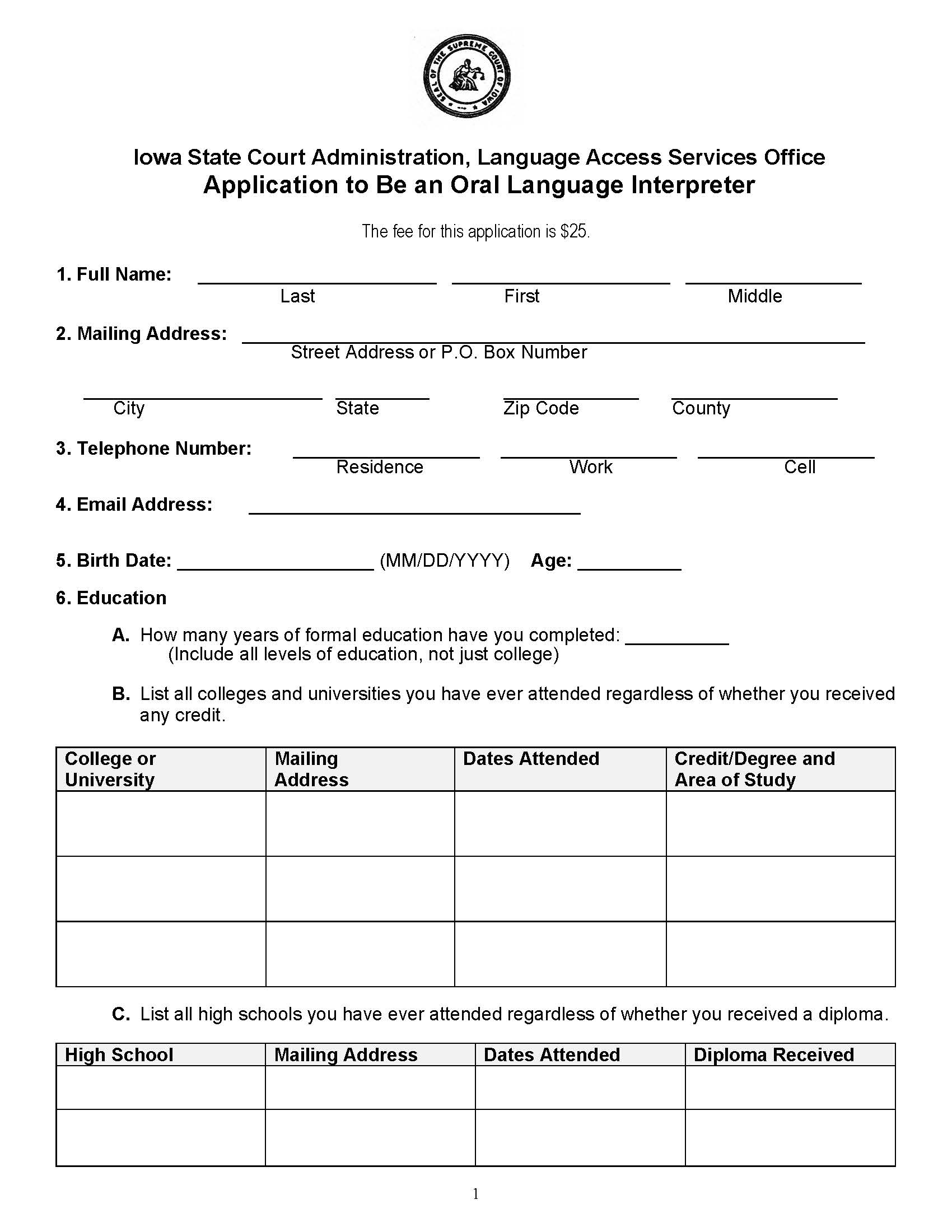 Application To Be An Oral Language Interpreter And Criminal History Record Check | Pdf Fpdf Doc Docx | Iowa