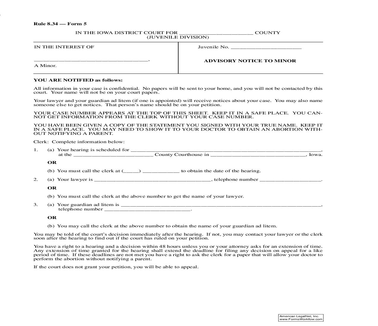 Advisory Notice To Minor {Rule 8.34 Form 5} | Pdf Fpdf Doc Docx | Iowa