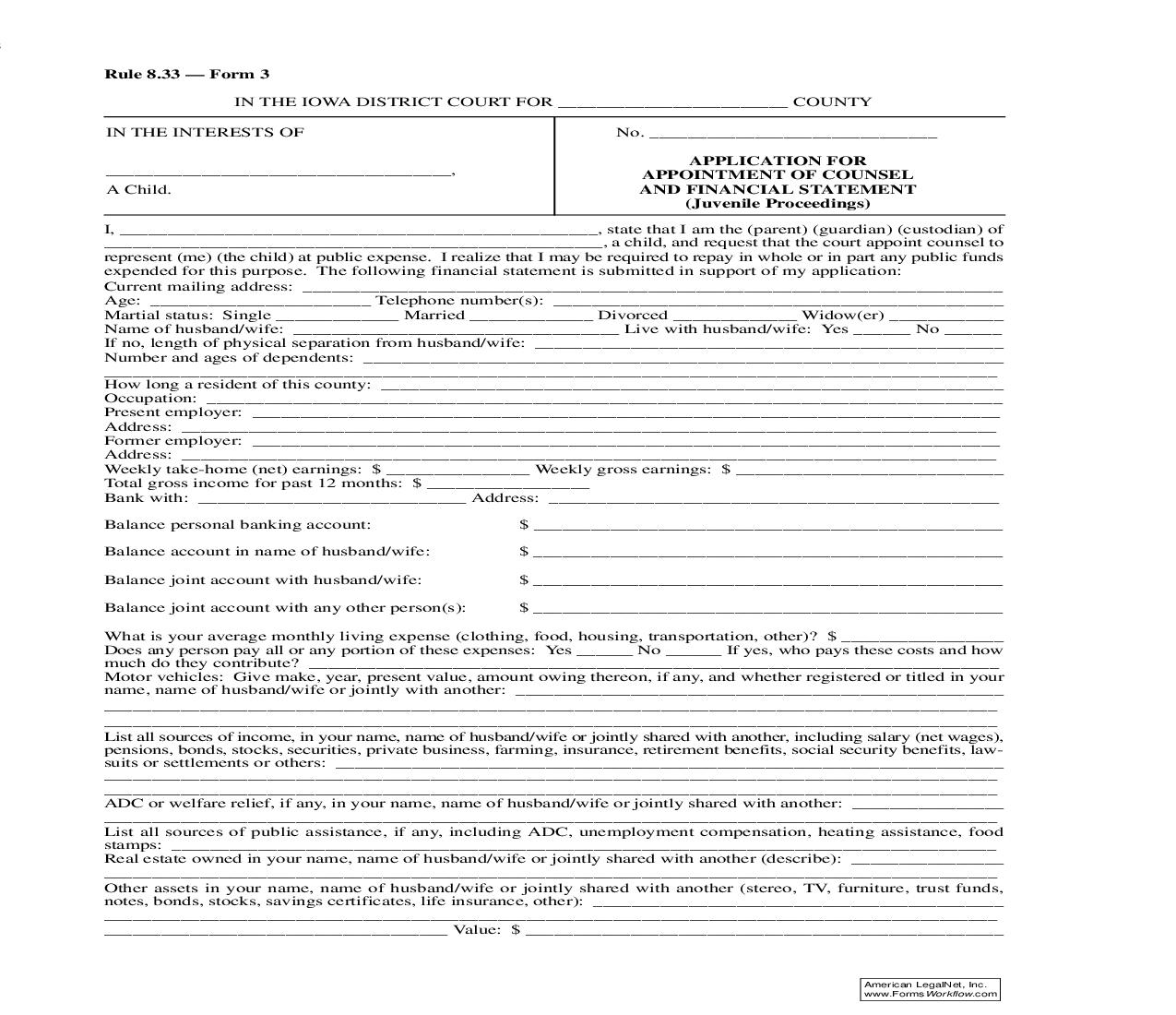 Application For Appointment Of Counsel And Financial Statement (Juvenile Proceedings) {Rule 8.33 Form 3} | Pdf Fpdf Doc Docx | Iowa
