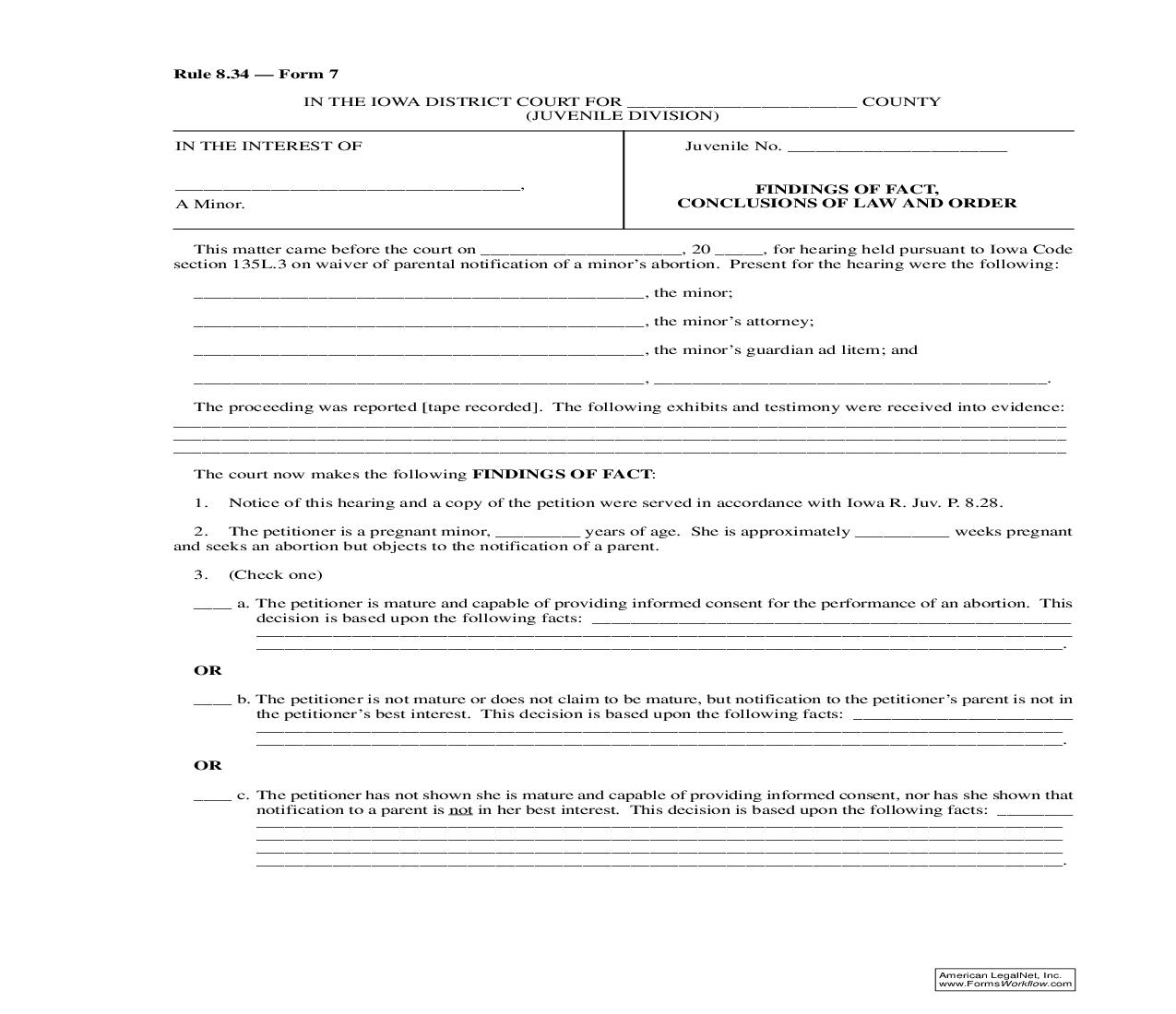 Findings Of Fact Conclusions Of Law And Order {Rule 8.34 Form 7} | Pdf Fpdf Doc Docx | Iowa