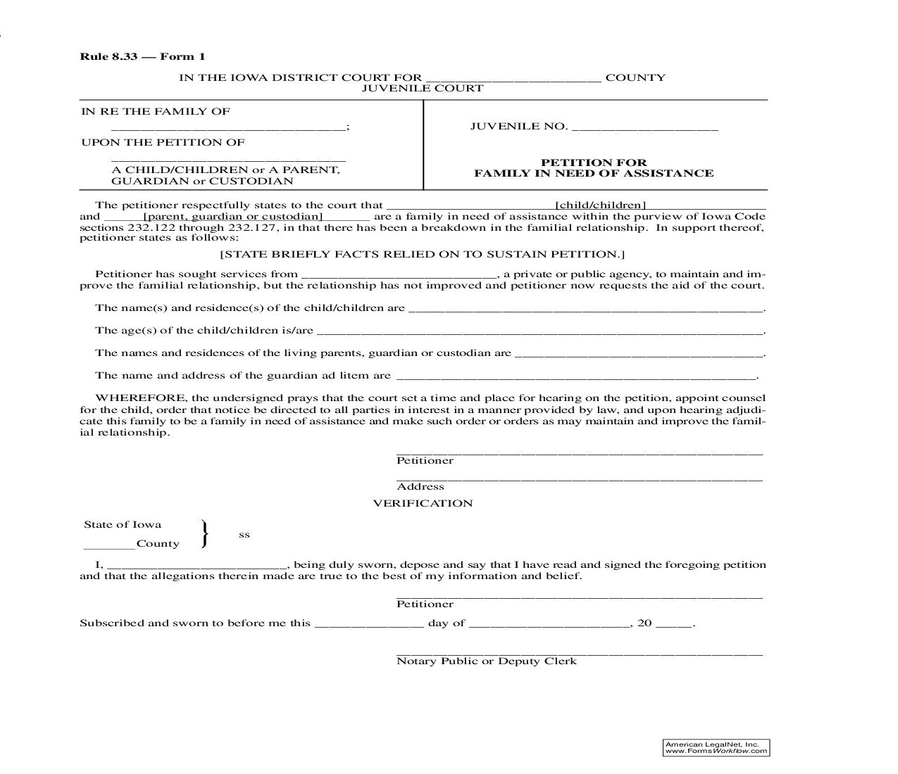 Petition For Family In Need Of Assistance {Rule 8.33 Form 1} | Pdf Fpdf Doc Docx | Iowa