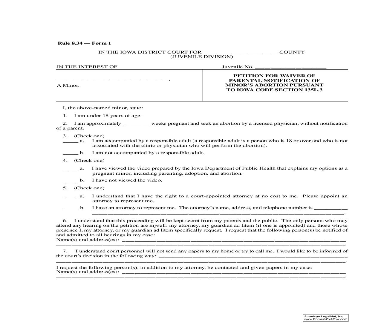 Petition For Waiver Of Parental Notification Of Minors Abortion {Rule 8.34 Form 1} | Pdf Fpdf Doc Docx | Iowa