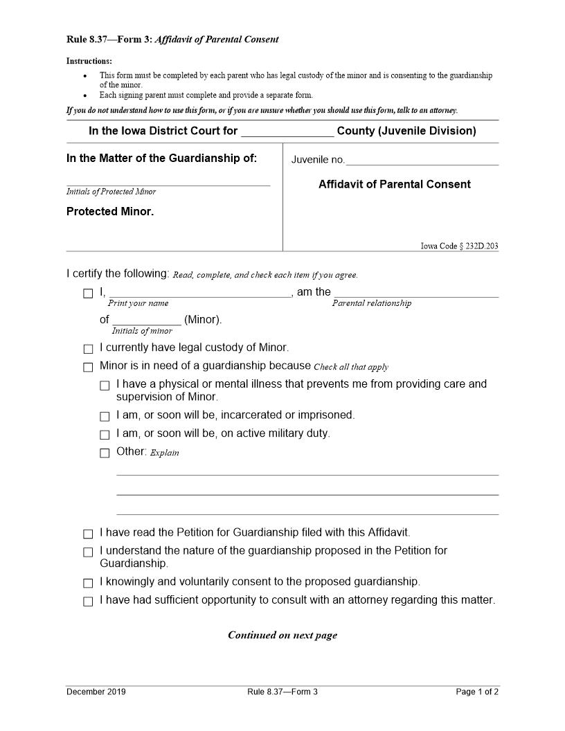 Affidavit Of Parental Consent {Rule 8.37 Form 3} | Pdf Fpdf Docx | Iowa