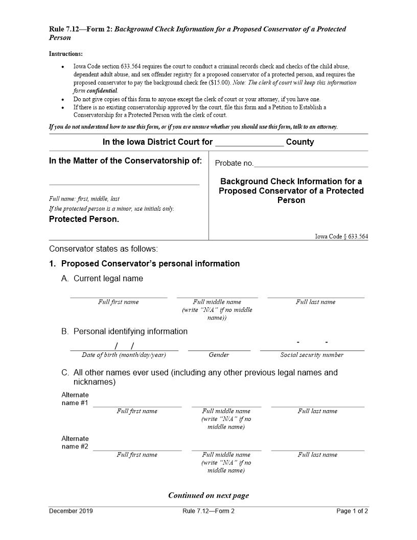 Background Check Information For Proposed Conservator Of Protected Person {Rule 7.12 Form 2} | Pdf Fpdf Docx | Iowa