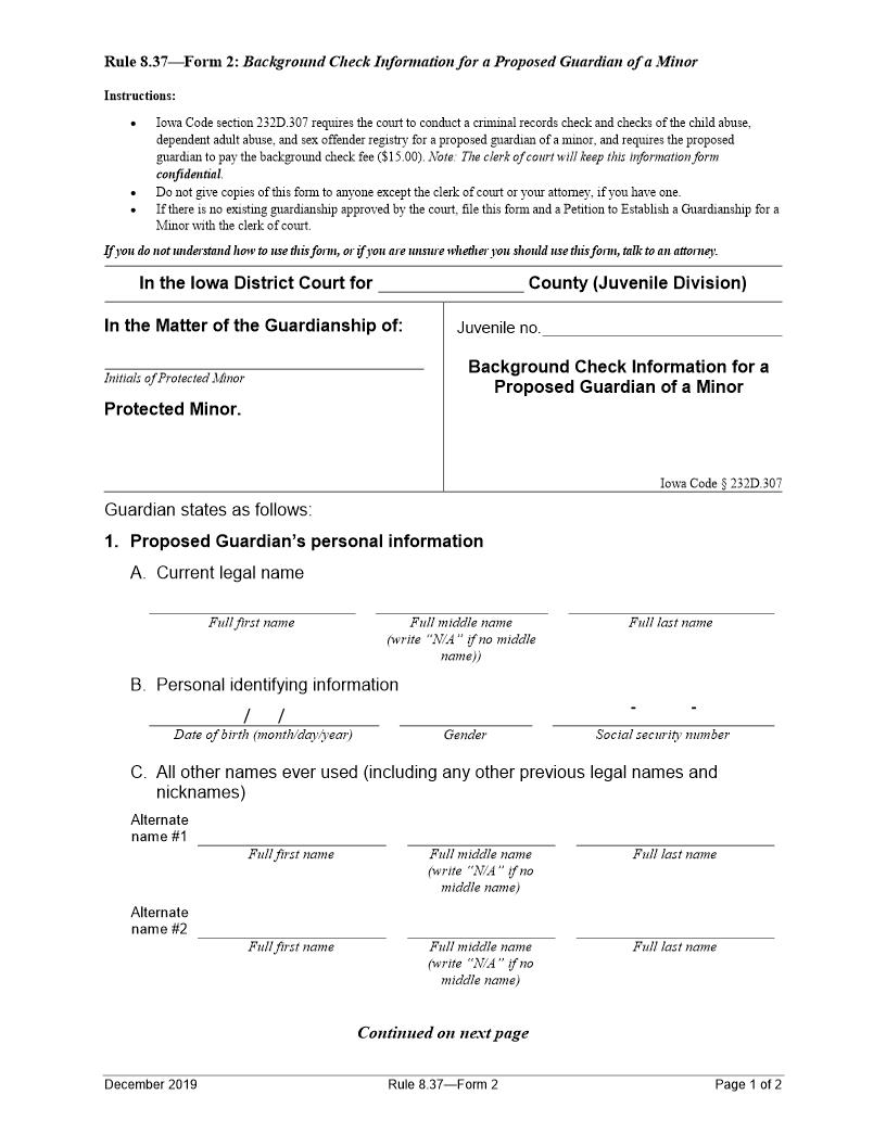 Background Check Information For Proposed Guardian Of Minor {Rule 8.37 Form 2} | Pdf Fpdf Docx | Iowa