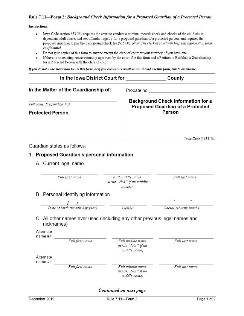 Background Check Information For Proposed Guardian Of Protected Person {Rule 7.11 Form 2} | Pdf Fpdf Docx | Iowa