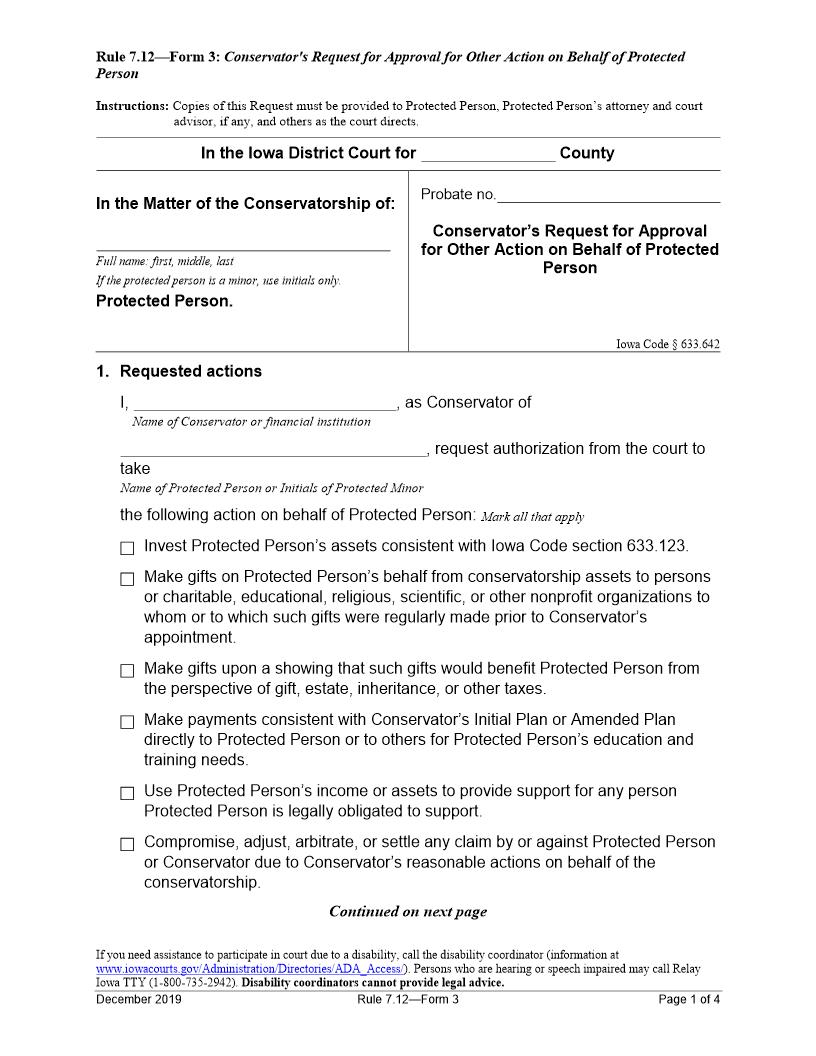 Conservators Request For Approval Other Action Behalf Of Protected Person {Rule 7.12 Form 3} | Pdf Fpdf Docx | Iowa