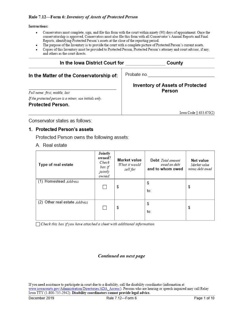 Inventory Of Assets Of Protected Person {Rule 7.12 Form 6} | Pdf Fpdf Docx | Iowa