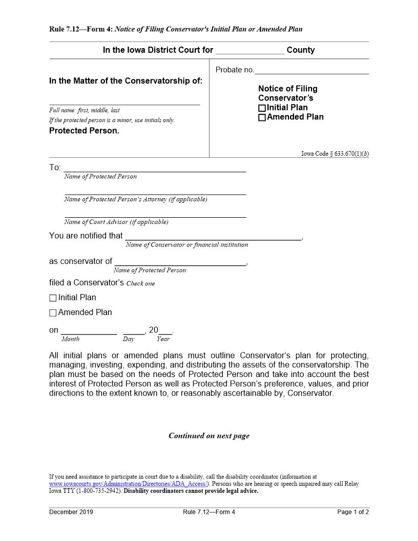Notice Of Filing Conservators Initial Or Amended Plan {Rule 7.12 Form 4} | Pdf Fpdf Docx | Iowa