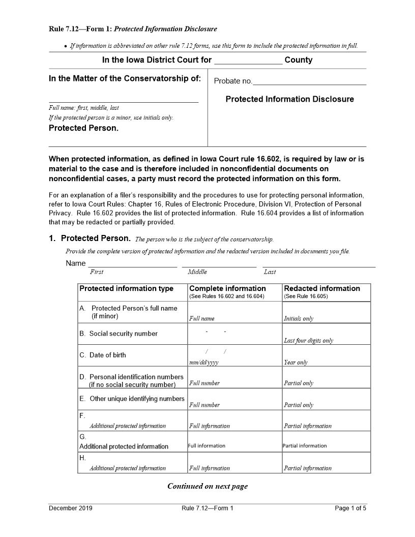 Protected Information Disclosure (Conservatorship) {Rule 7.12 Form 1} | Pdf Fpdf Docx | Iowa