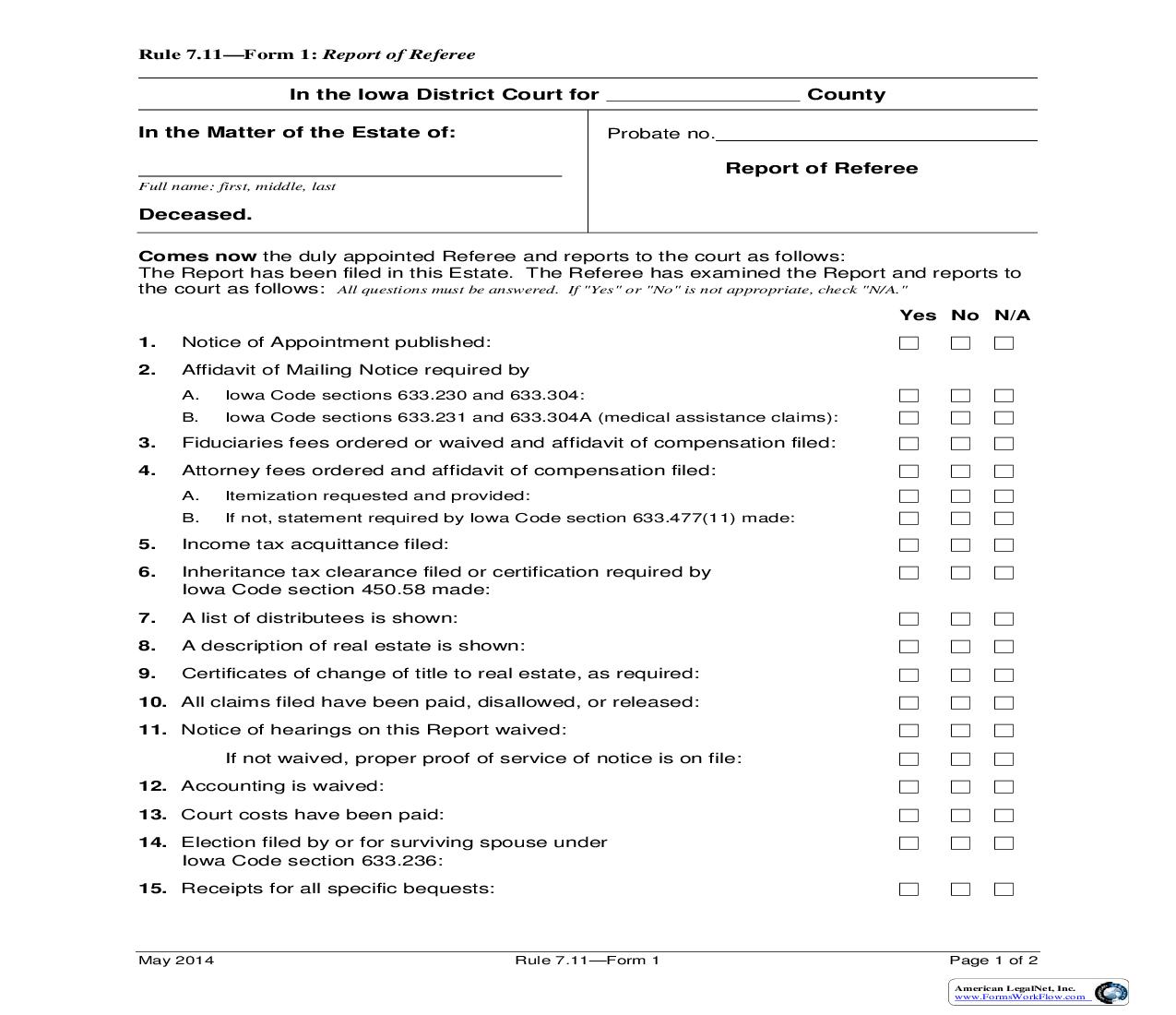 Report Of Referee {Rule 7.11 Form 1} | Pdf Fpdf Doc Docx | Iowa
