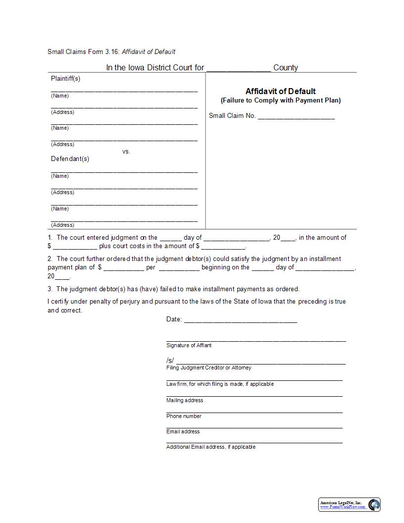 Affidavit Of Default {eForm3.16} | Pdf Fpdf Docx | Iowa