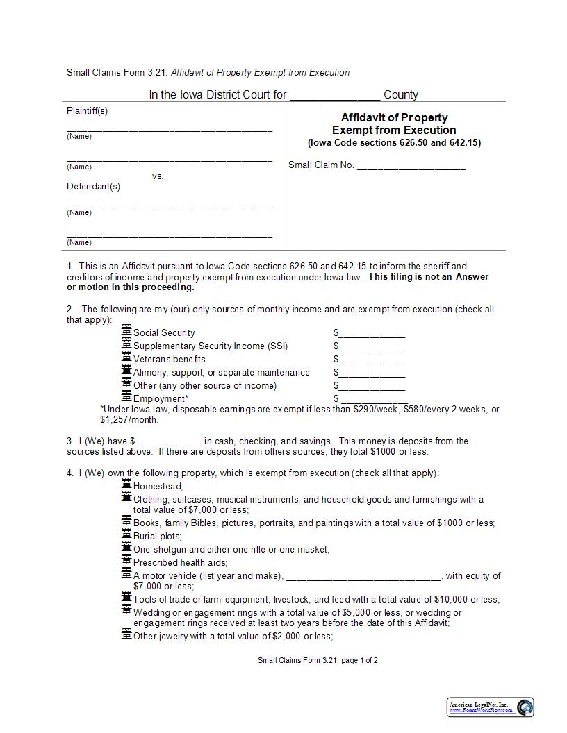 Affidavit Of Property Exempt From Execution {eForm3.21} | Pdf Fpdf Docx | Iowa