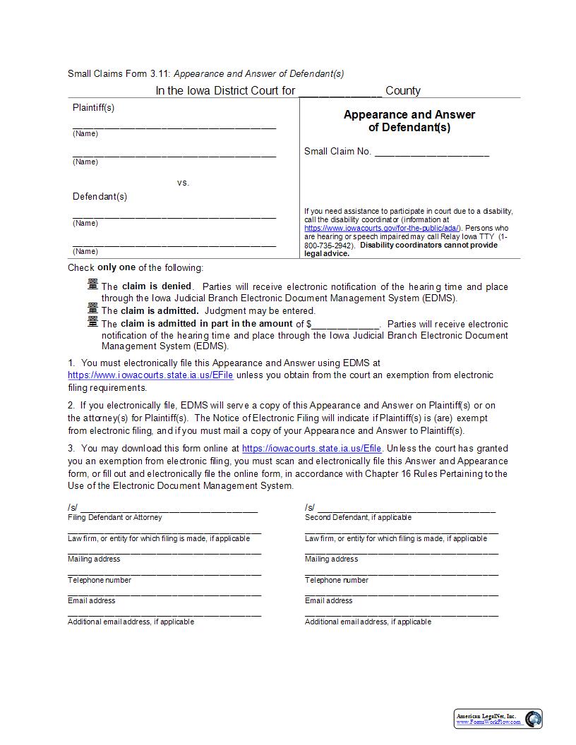 Appearance And Answer Of Defendant(s) {eForm3.11} | Pdf Fpdf Docx | Iowa