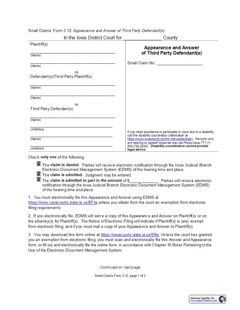 Appearance And Answer Of Third Party Defendant(s) {eForm3.12} | Pdf Fpdf Docx | Iowa