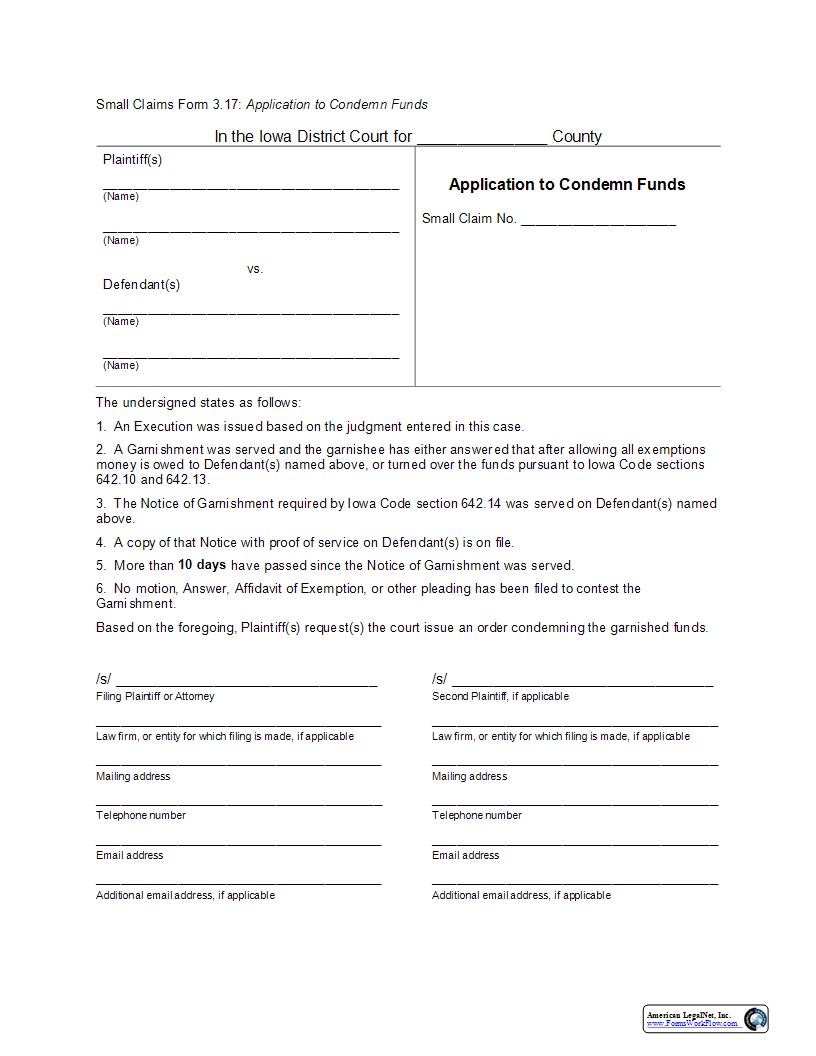 Application To Condemn Funds {eForm3.17} | Pdf Fpdf Docx | Iowa