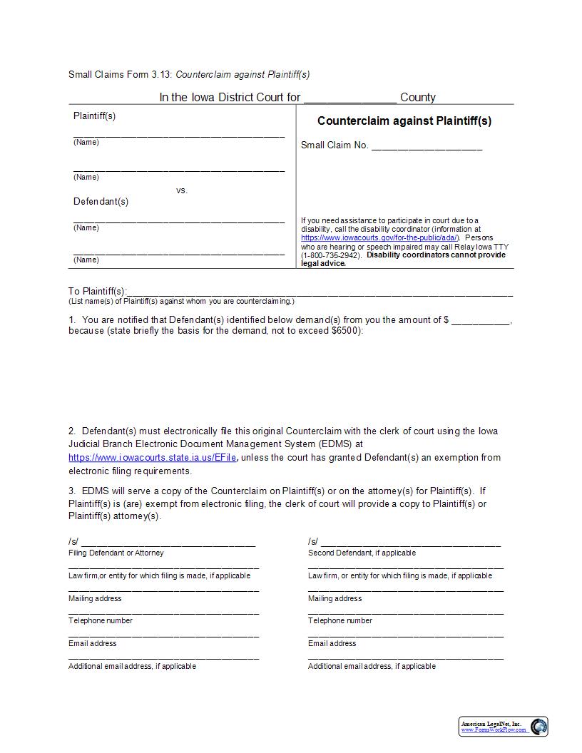 Counterclaim Against Plaintiff(s) {eForm3.13} | Pdf Fpdf Docx | Iowa
