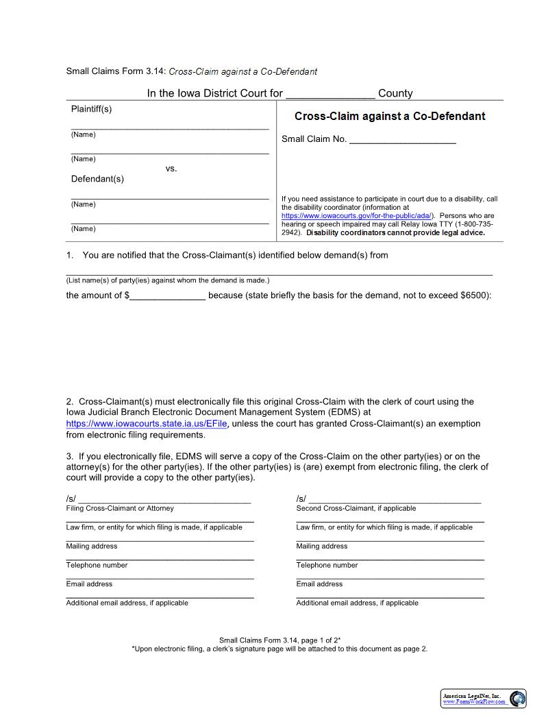 Cross-Claim Against A Co-Defendant {eForm3.14} | Pdf Fpdf Docx | Iowa