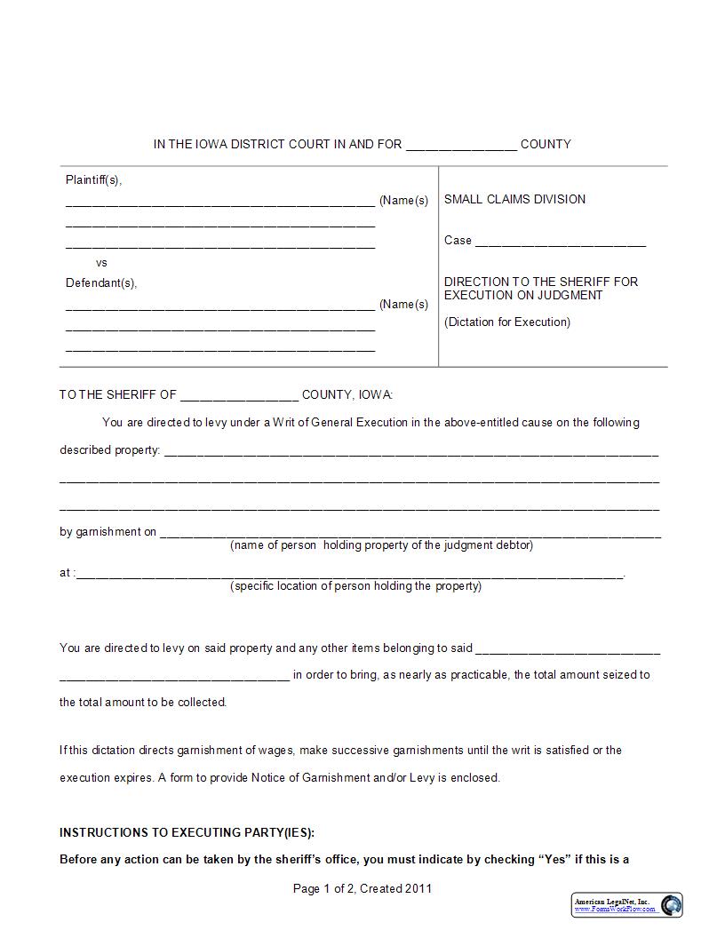 Direction To Sheriff For Execution On Judgment | Pdf Fpdf Docx | Iowa