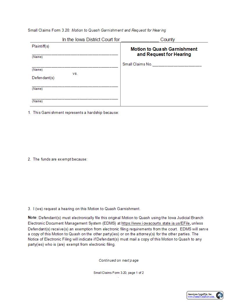 Motion To Quash Garnishment And Request For Hearing {eForm3.20} | Pdf Fpdf Docx | Iowa