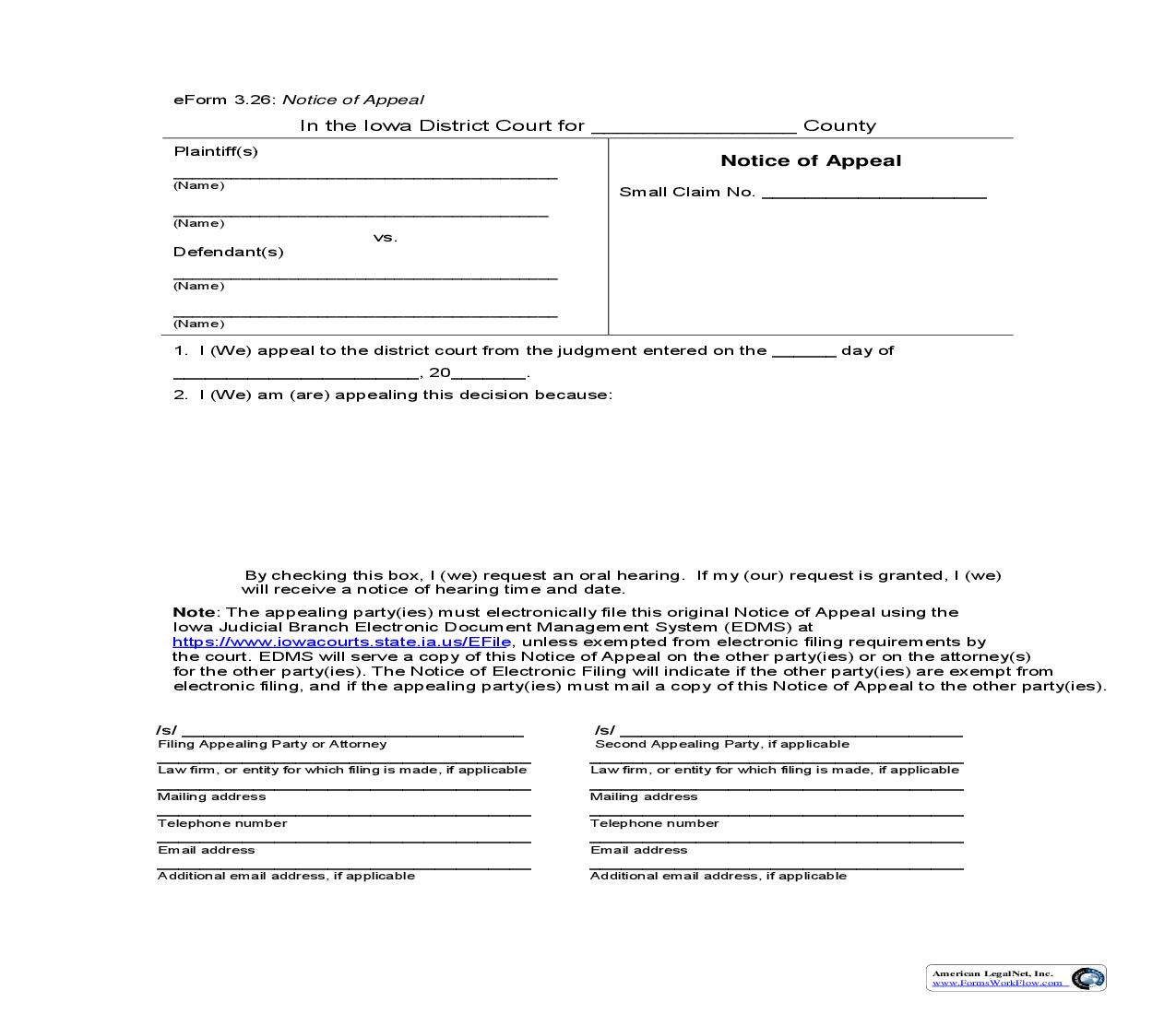 Notice Of Appeal {eForm3.26} | Pdf Fpdf Doc Docx | Iowa