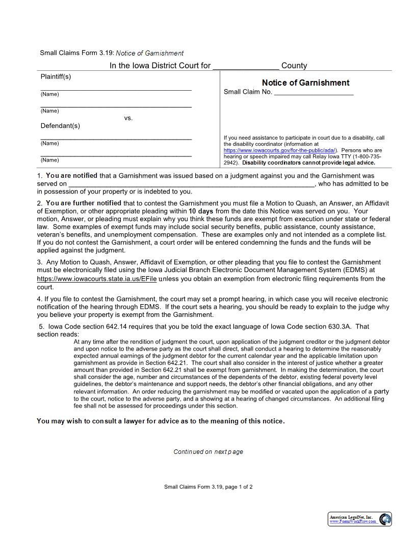 Notice Of Garnishment {eForm3.19} | Pdf Fpdf Docx | Iowa