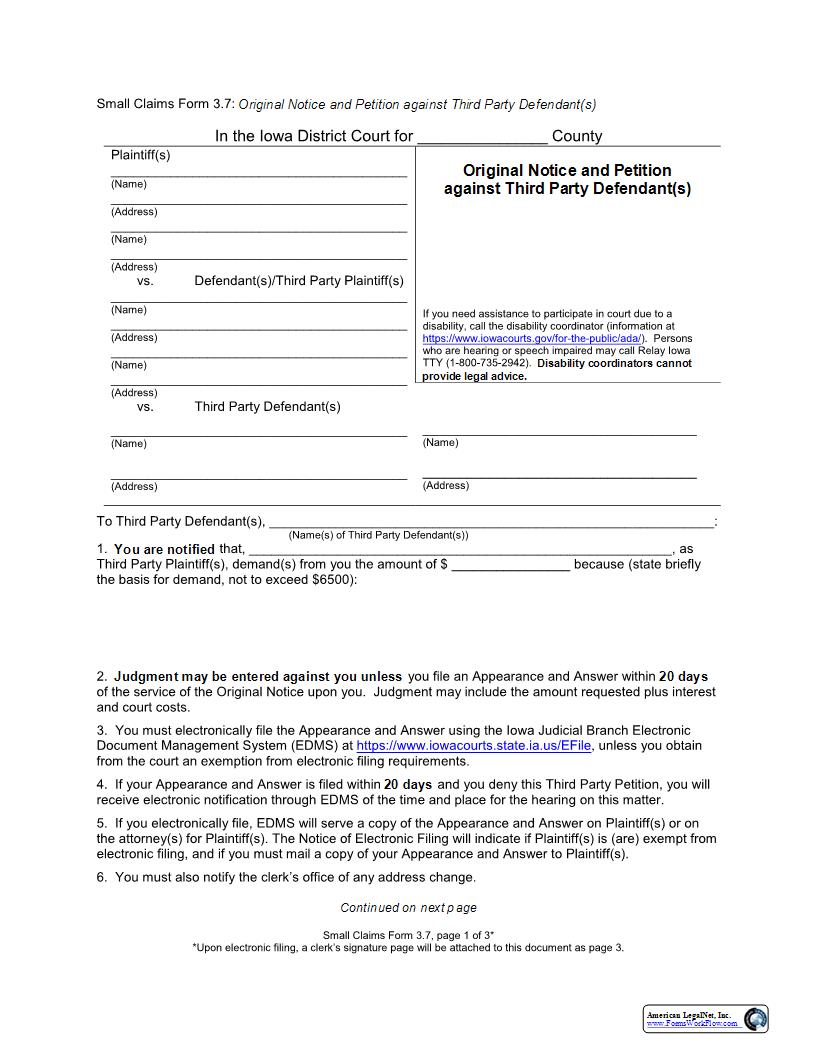 Original Notice And Petition Against Third Party Defendant(s) {eForm3.7} | Pdf Fpdf Docx | Iowa