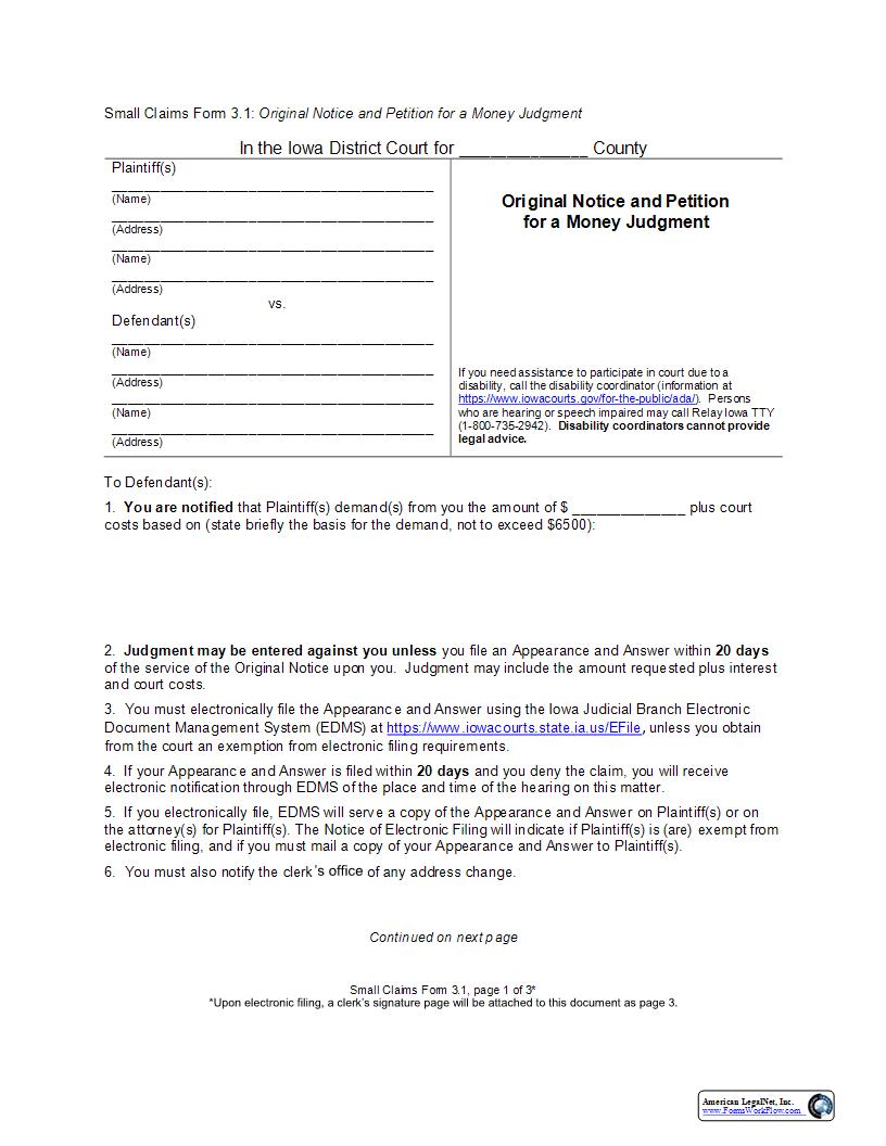 Original Notice And Petition For A Money Judgment {eForm3.1} | Pdf Fpdf Docx | Iowa