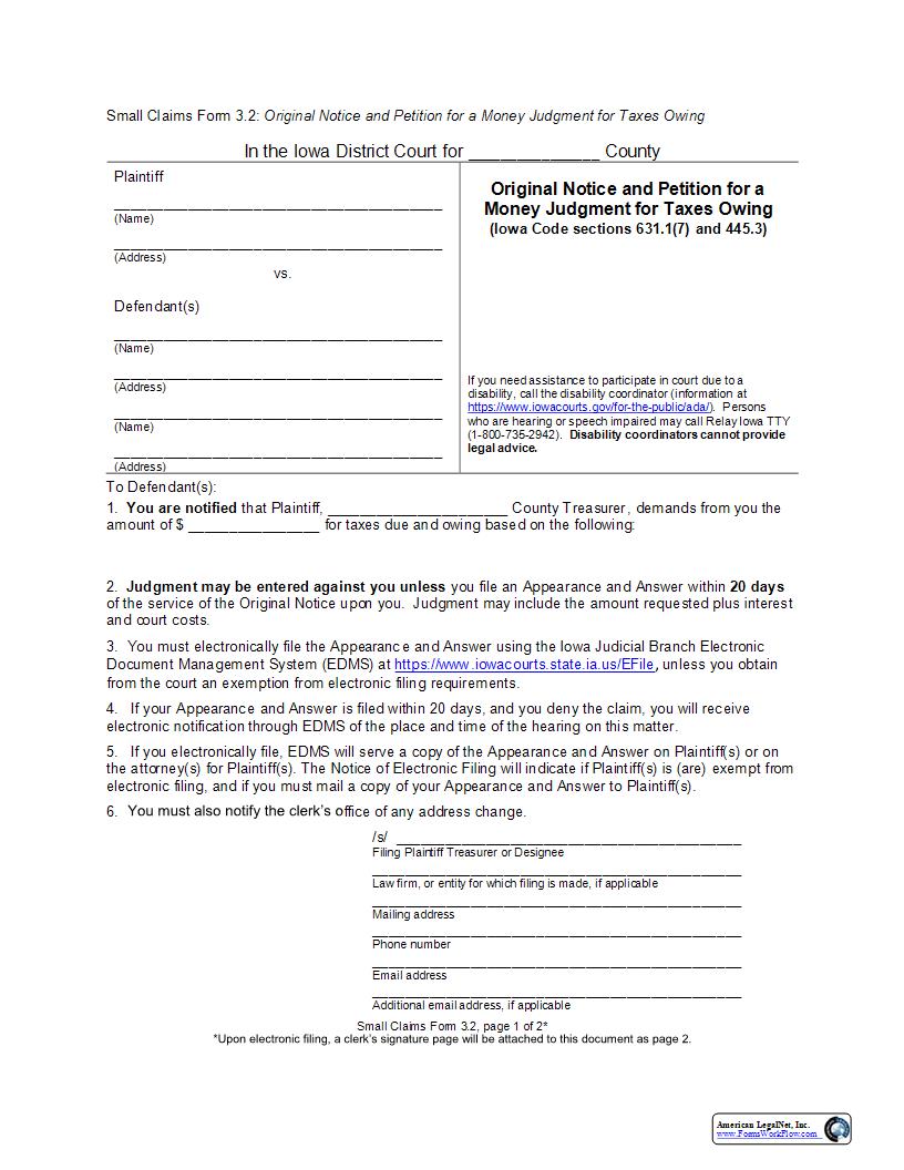 Original Notice And Petition For A Money Judgment For Taxes Owing {eForm3.2} | Pdf Fpdf Docx | Iowa