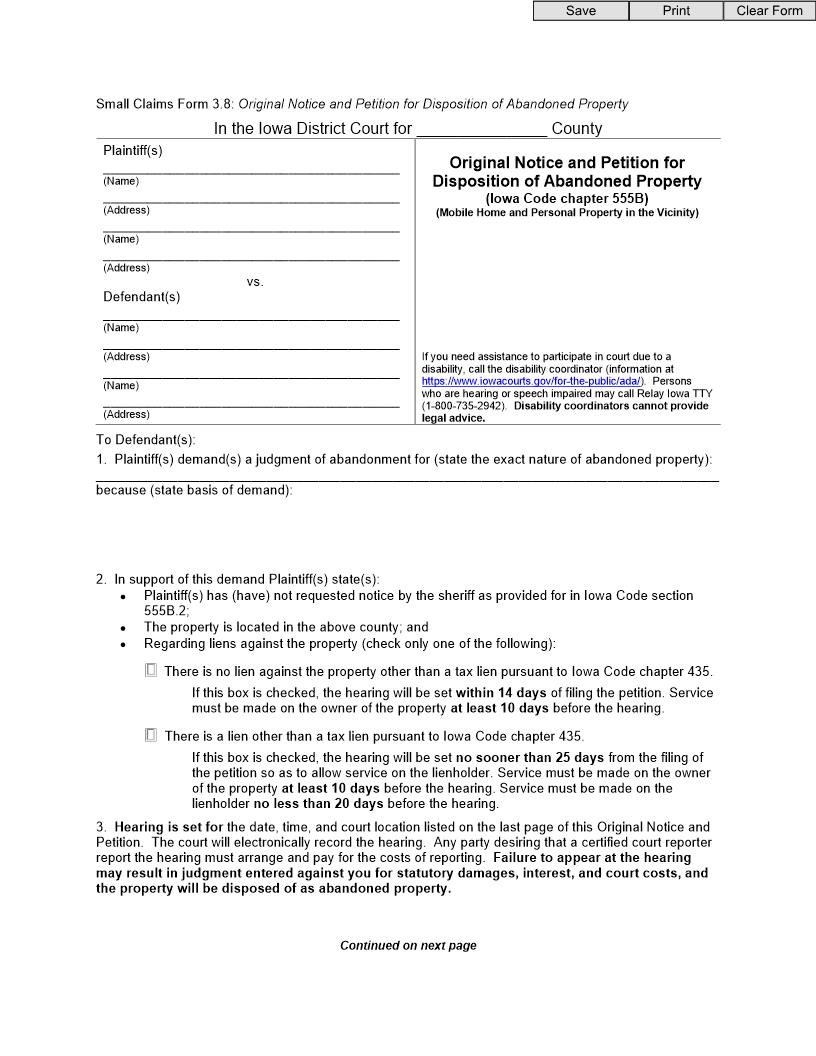 Original Notice And Petition For Disposition Of Abandoned Property {eForm3.8} | Pdf Fpdf Docx | Iowa