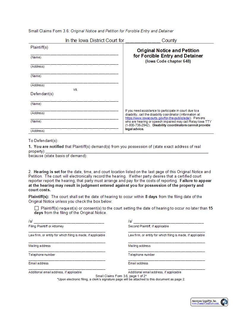 Original Notice And Petition For Forcible Entry And Detainer {eForm3.6} | Pdf Fpdf Docx | Iowa