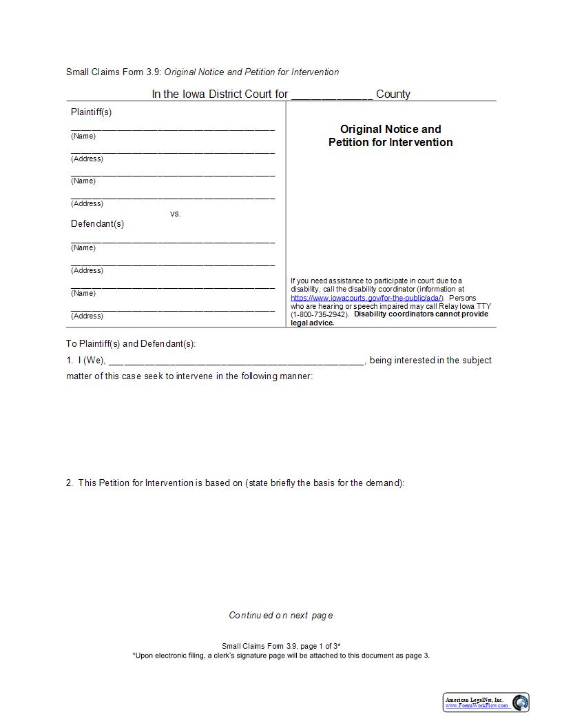 Original Notice And Petition For Intervention {eForm3.9} | Pdf Fpdf Docx | Iowa