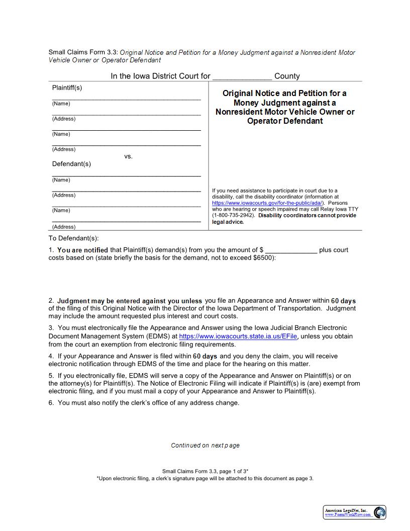 Original Notice And Petition For Money Judgment Against Nonresident Motor Vehicle Owner-Operator {eForm3.3} | Pdf Fpdf Docx | Iowa