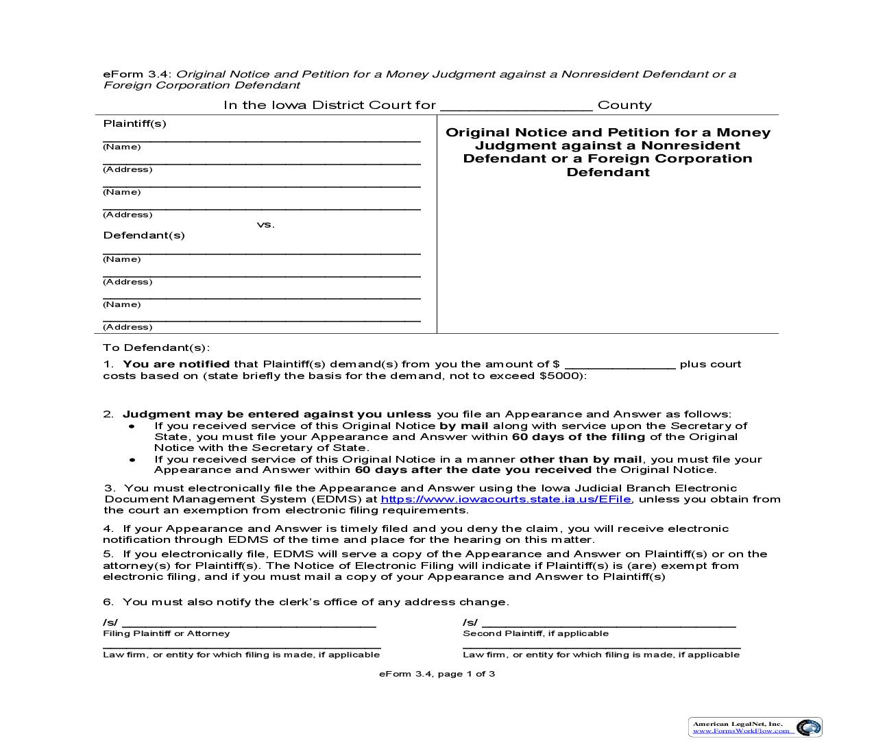 Original Notice And Petition For Money Judgment Against Nonresident-Foreign Corporation {eForm3.4} | Pdf Fpdf Doc Docx | Iowa