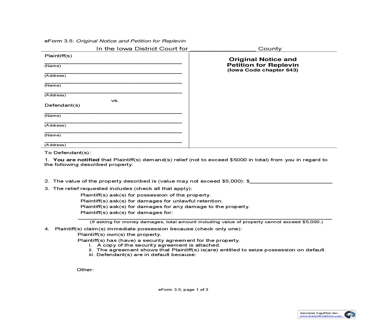 Original Notice And Petition For Replevin {eForm3.5} | Pdf Fpdf Doc Docx | Iowa