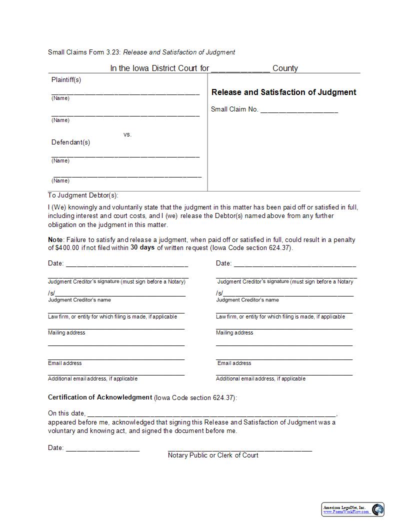 Release And Satisfaction Of Judgment {eForm3.23} | Pdf Fpdf Docx | Iowa